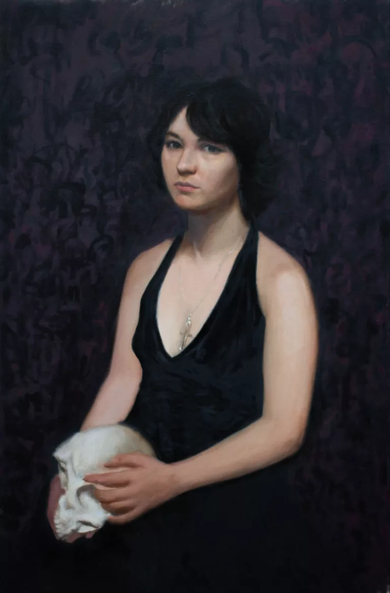 Oil portrait of a young woman as Neil Gaiman's Death. She is sat facing the viewer in a 3/4 view pose, with a skull resting at an angle on her lap. She wears a black shoulderless dress and is wearing an ankh necklace.
