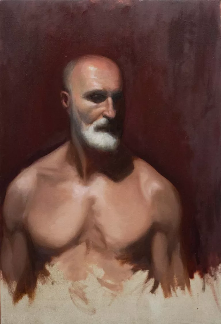 Older bearded,, bald, gentlemen, Portrait, showing bare chest and shoulders.