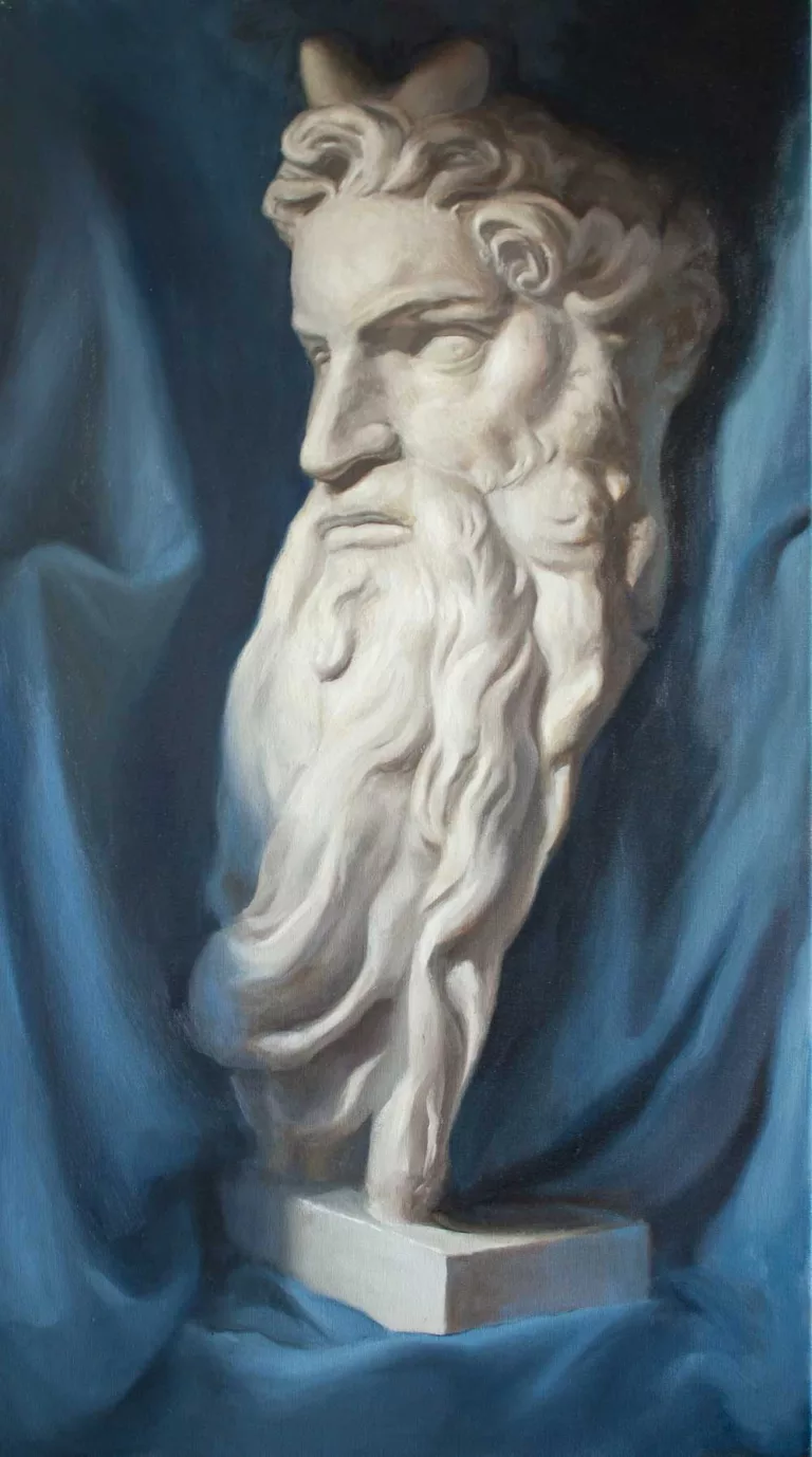 Cast painting of Michael Angelo's Moses with blue background