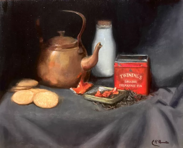 Painting of copper kettle, biscuits, a milk bottle and twinning tea